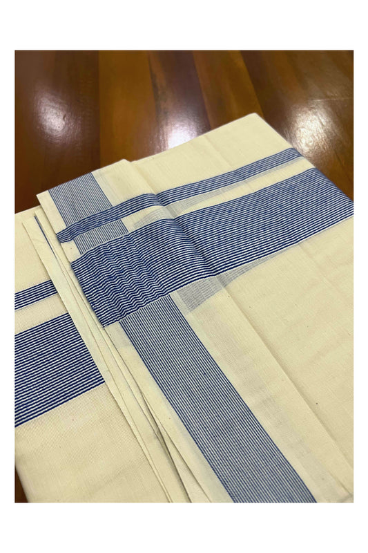 Off White Kerala Double Mundu with 2 inch Blue Line Border (South Indian Kerala Dhoti)