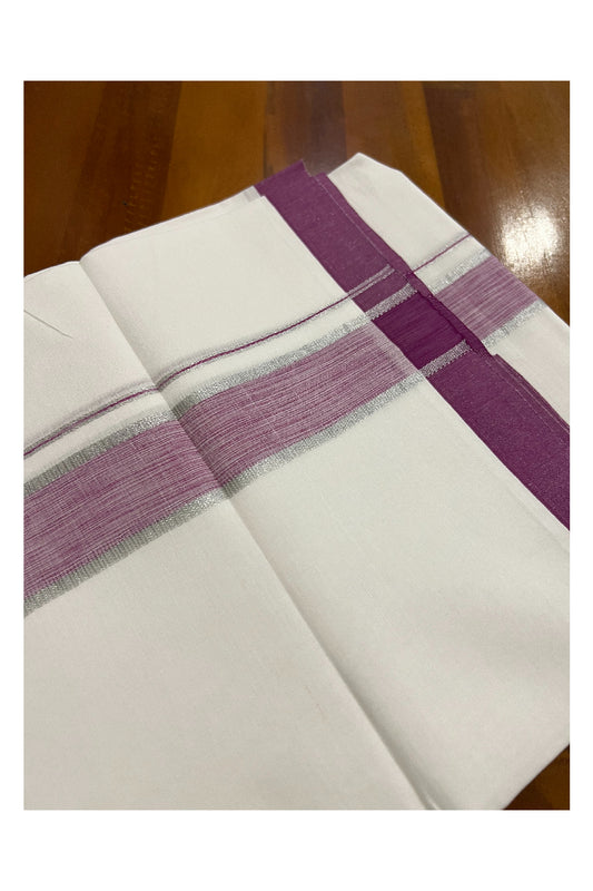 Pure White Kerala Cotton Double Mundu with Silver Kasavu and Magenta Border (South Indian Dhoti)