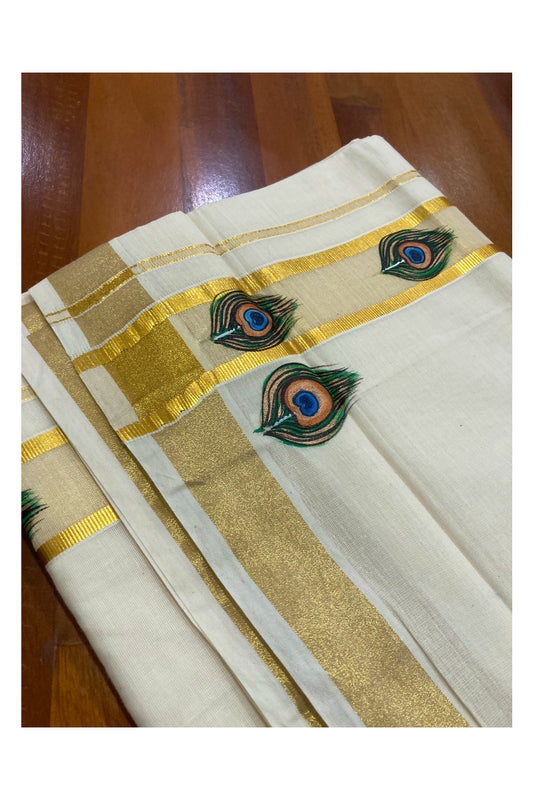 Off White Pure Cotton Double Mundu with Mural Prints on Kasavu Kara (South Indian Dhoti)