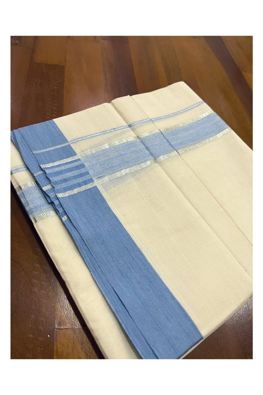 Pure Cotton Off White Double Mundu with Silver Kasavu and Blue Border (South Indian Dhoti)