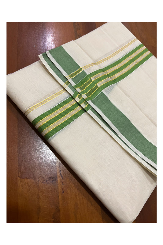 Pure Cotton Off White Double Mundu with Green and Kasavu Kara (South Indian Kerala Dhoti)