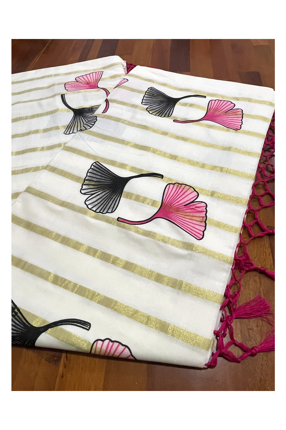 Pure Cotton Kerala Saree with Golden Kasavu Lines Floral Block Prints on Body and Pink Tassels on Pallu (Vishu Saree 2023)