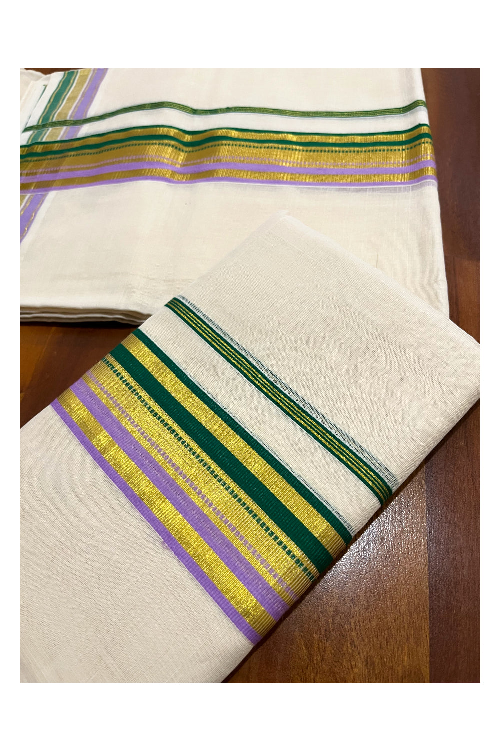 Pure Cotton Handloom Premium Kasavu Set Mundu (Mundu Neriyathum) with Green and Violet Border 2.80 Mtrs