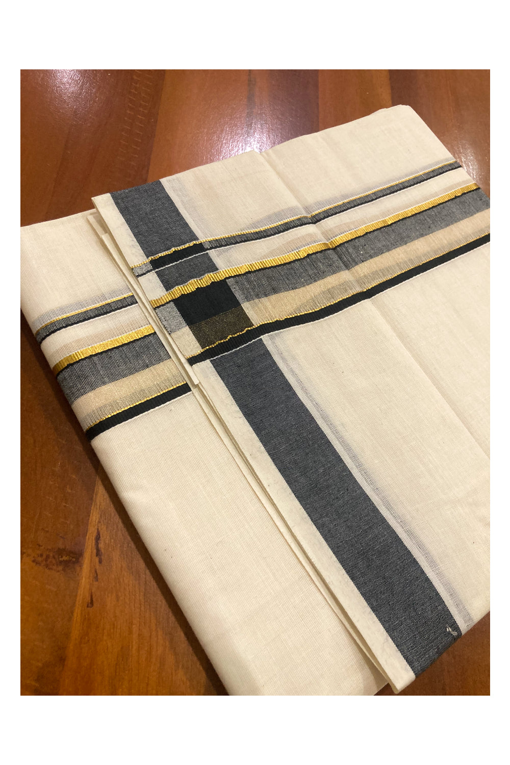 Pure Cotton Kerala Double Mundu with Kasavu and Black Border (South Indian Dhoti)