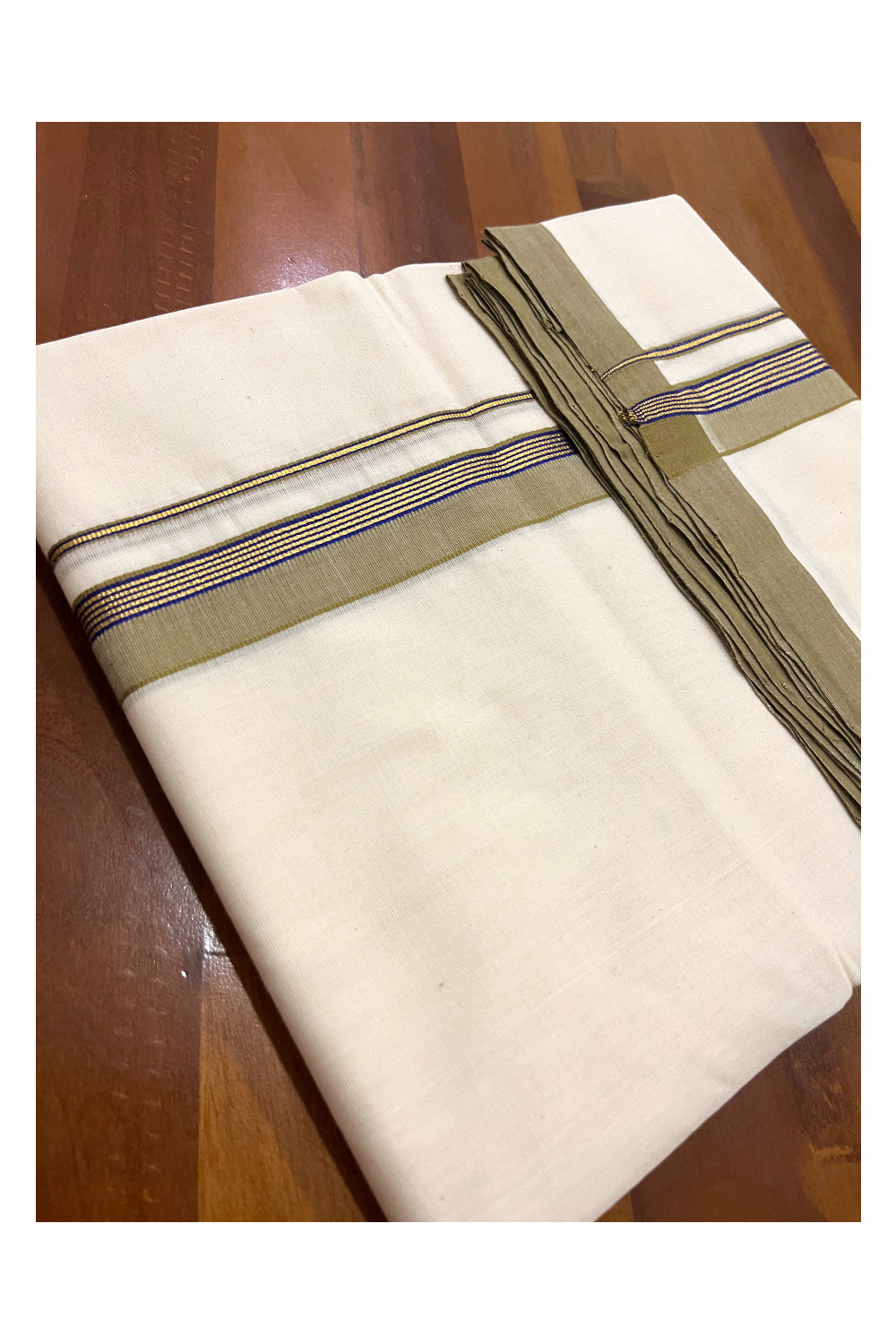 Southloom Premium Handloom Double Mundu with Olive Green and Kasavu Border