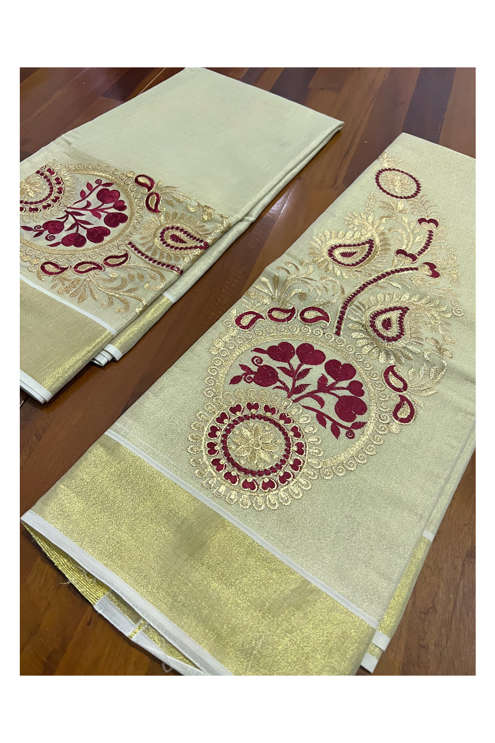 Kerala Tissue Kasavu Set Mundu (Mundum Neriyathum) with Floral Embroidery Work