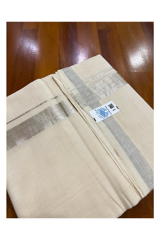 Southloom Super Premium Unakkupaavu Handloom Double Mundu with White Lines on Silver Kasavu Border