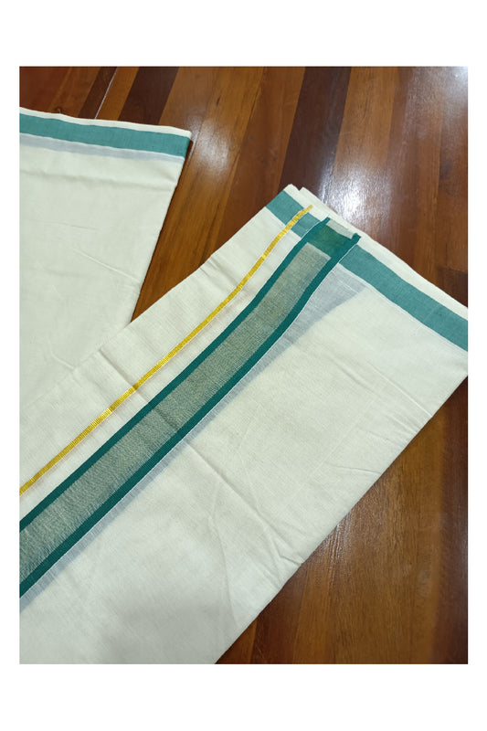 Off White Kerala Double Mundu with Kasavu and Green Kara (South Indian Dhoti)