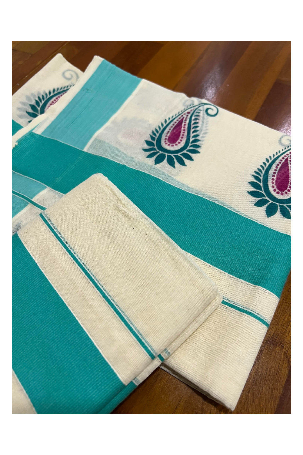 Kerala Cotton Single Mundum Neriyathum (Set Mundu) with Block Prints on Turquoise Border 2.80 Mtrs