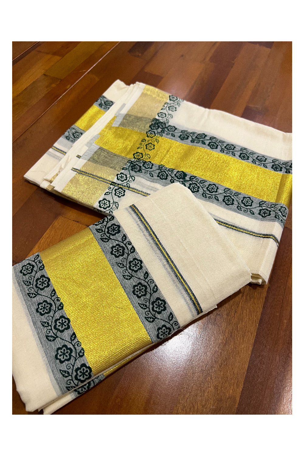 Pure Cotton Kasavu Set Mundu (Mundum Neriyathum) with Dark Green Floral Block Prints on Border