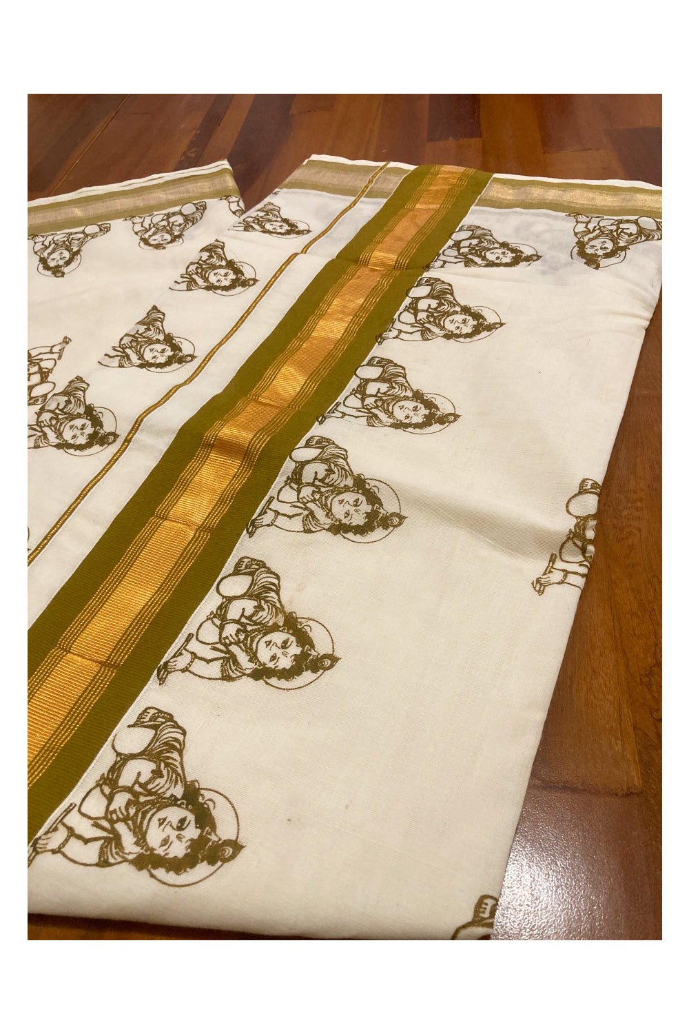 Pure Cotton Kerala Saree with Brown Krishna Block Printed Design and Kasavu Border