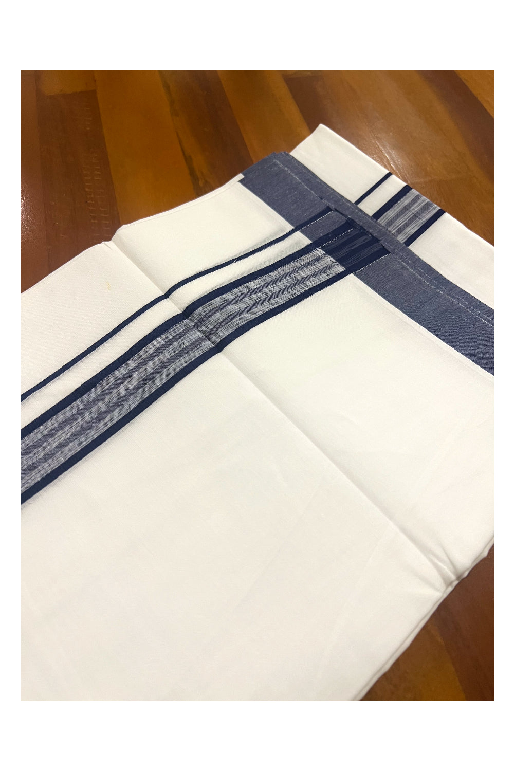 Pure White Cotton Double Mundu with Navy Blue Border (South Indian Dhoti)