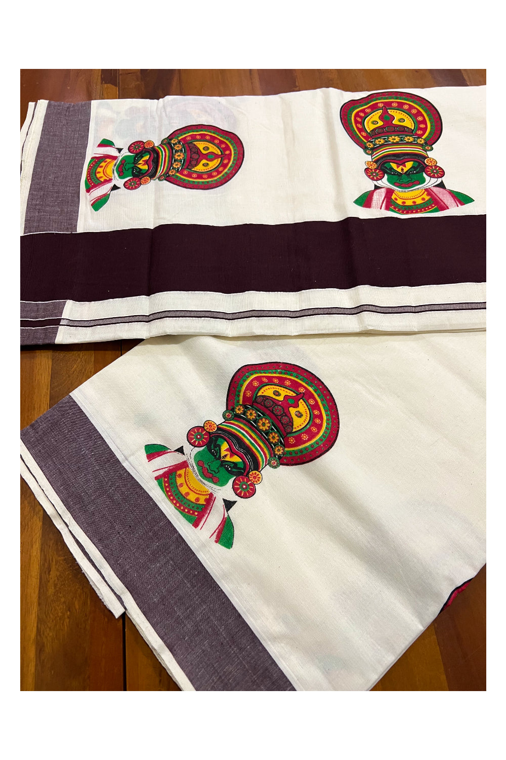 Kerala Pure Cotton Dark Brown Border Saree with Kathakali Face Mural Printed Design