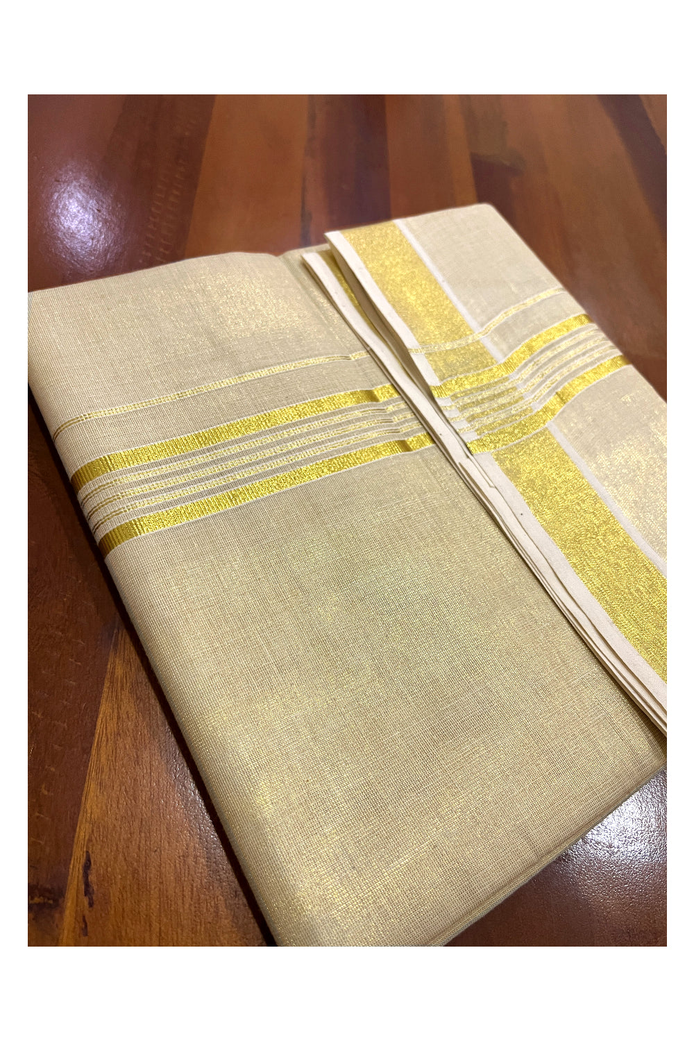 Kerala Tissue Double Mundu with Kasavu Lines Border (South Indian Dhoti)