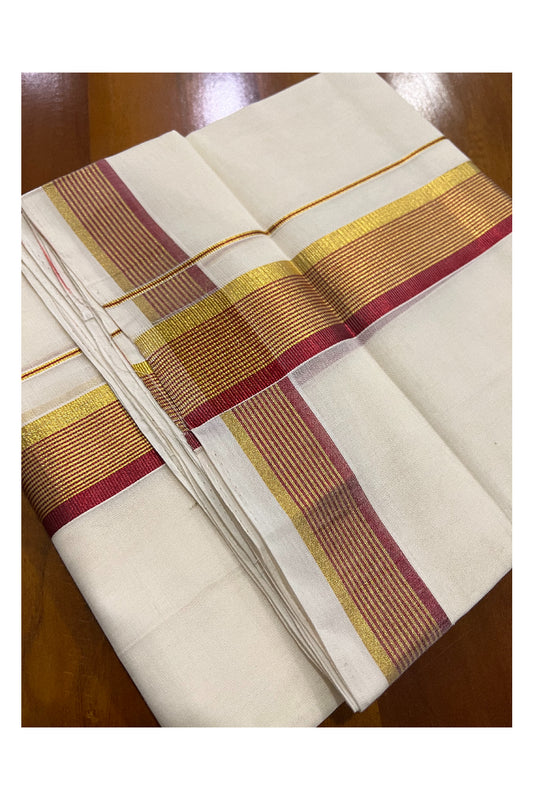 Southloom Kuthampully Handloom Pure Cotton Mundu with Golden and Red Kasavu Border (South Indian Dhoti)