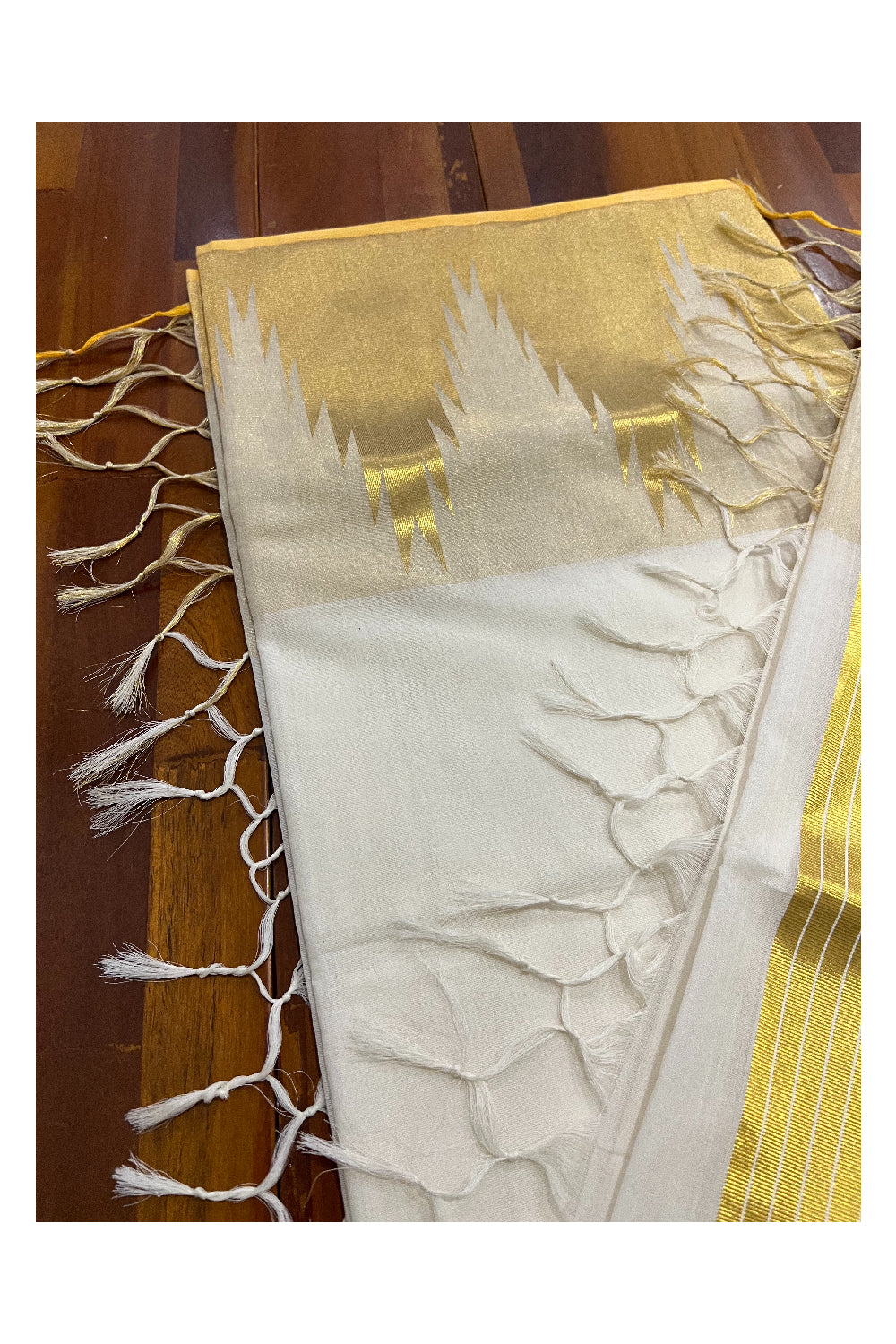 Southloom™ Original Handloom Kasavu Cotton Saree with Unique Temple Design Border