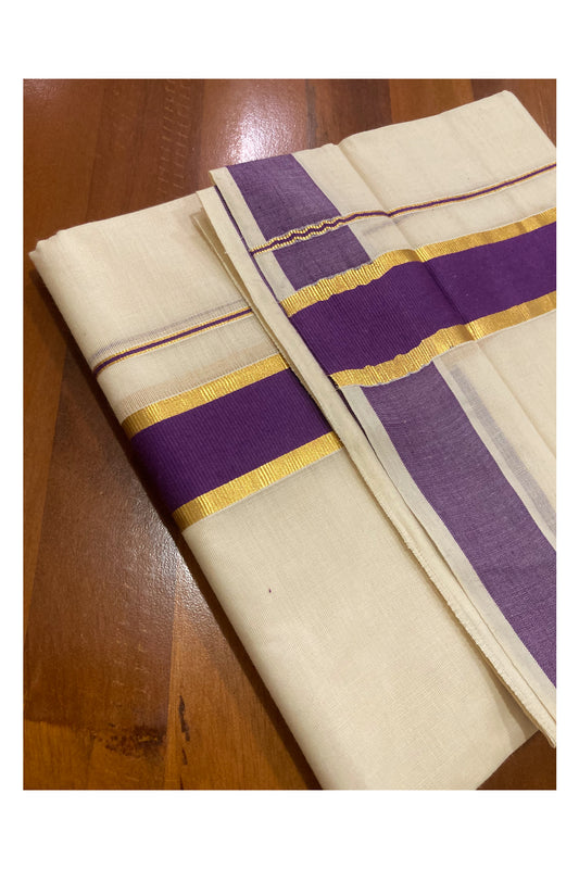 Pure Cotton Off White Double Mundu with Violet and Kasavu Border (South Indian Dhoti)