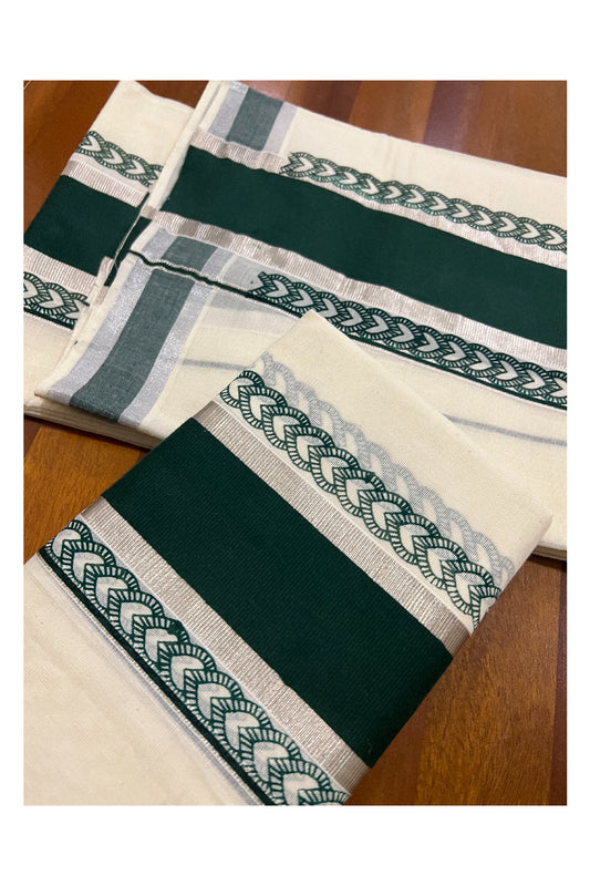 Mundum Neriyathum Single (Set Mundu) with Block Prints on Silver Kasavu and Dark Green Border