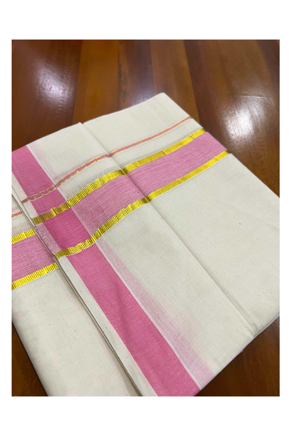 Off White Kerala Double Mundu with Kasavu and Pink Border (South Indian Dhoti)