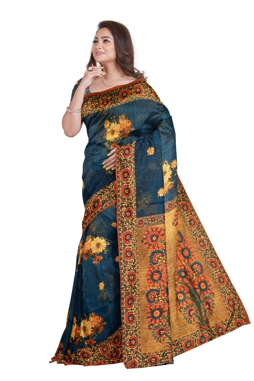 Southloom Semi Silk Dark Blue and Brown Floral work Designer Saree