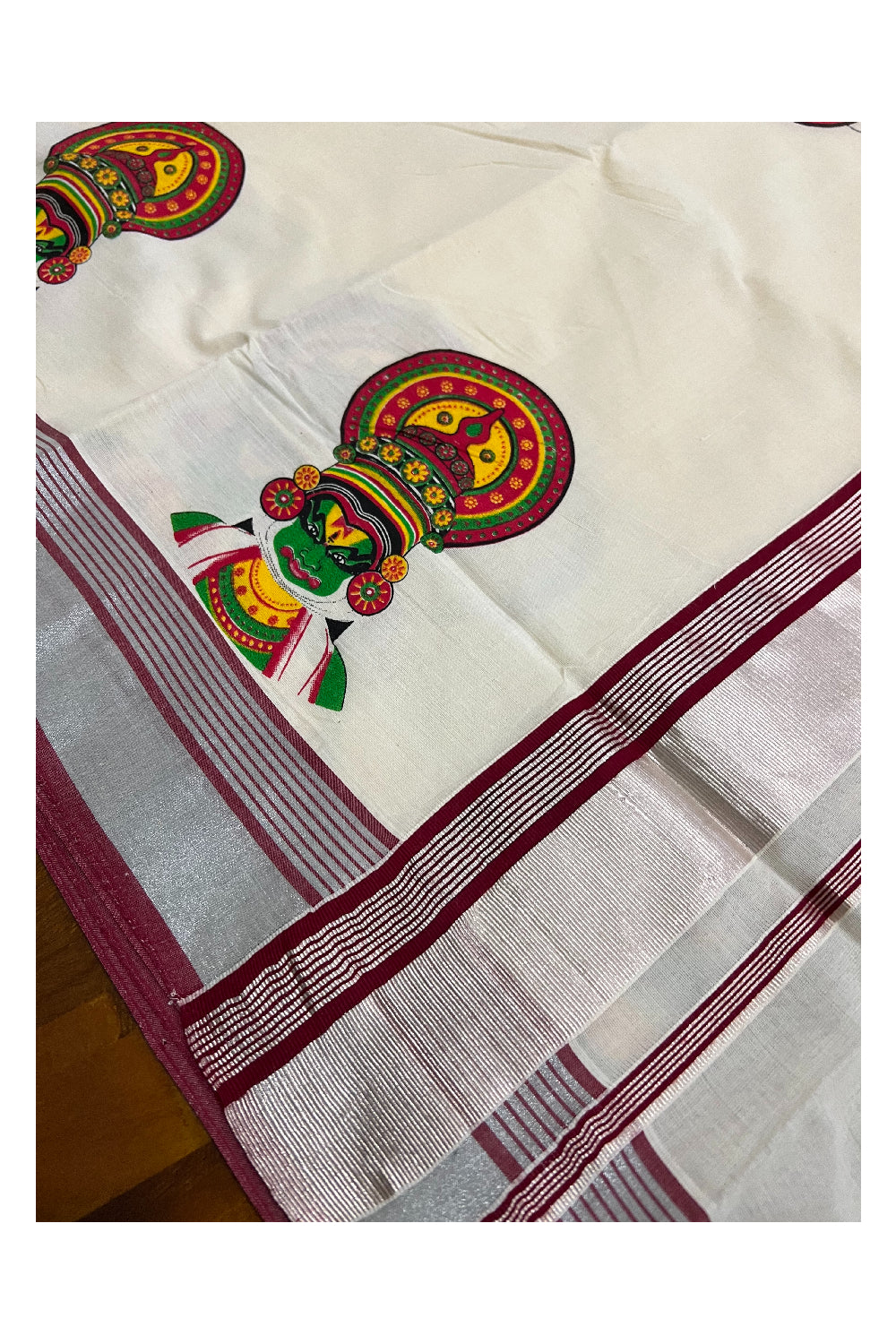 Kerala Pure Cotton Silver Kasavu Saree with Kathakali Face Printed and Maroon Border