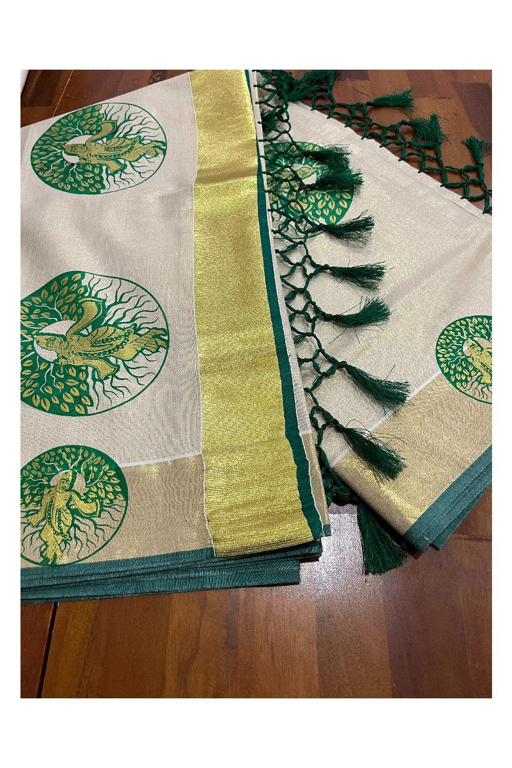 Kerala Tissue Kasavu Green Golden Krishna Block Printed Design Saree