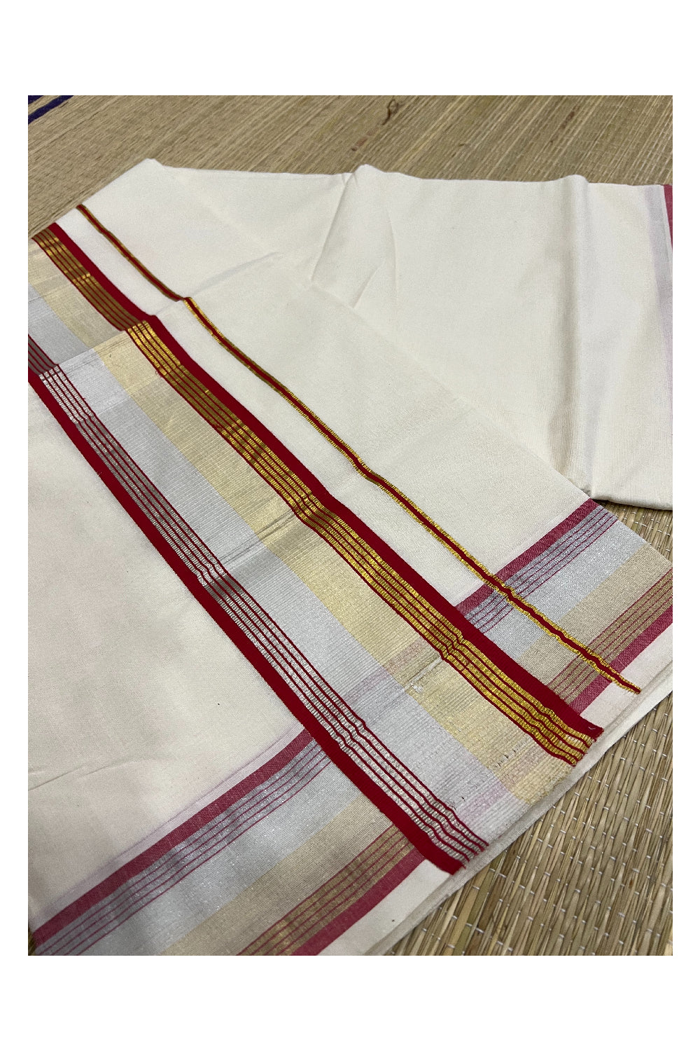 Kerala Cotton Saree with Silver Golden Kasavu and Red Border