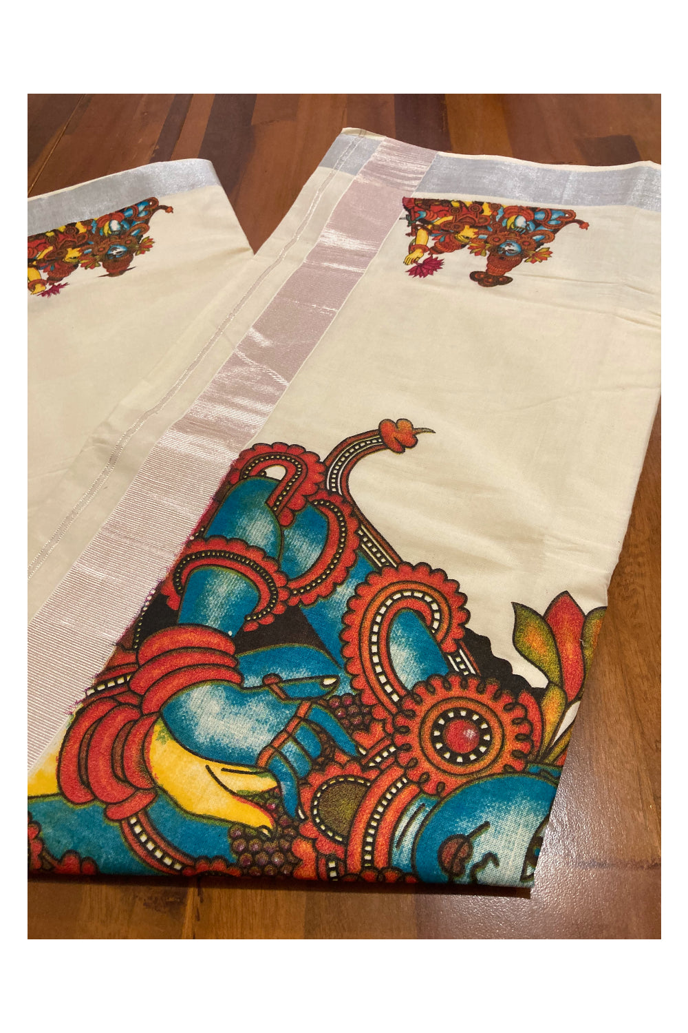 Pure Cotton Kerala Saree with Krishna Radha Mural Prints and Silver Border