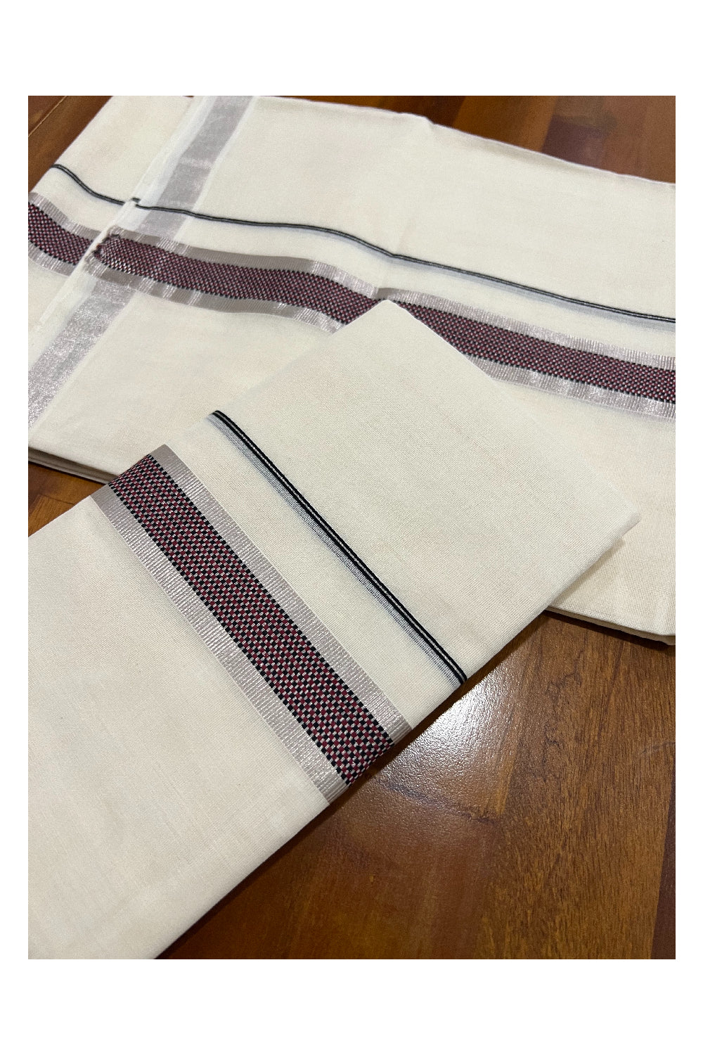 Southloom Premium Handloom Set Mundu with Silver Kasavu and Brown Maroon Woven Design Border