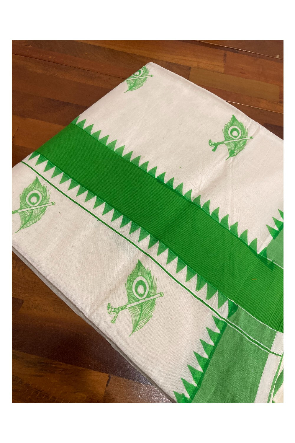 Pure Cotton Kerala Saree with Light Green Peacock Feather Block Print Temple Border