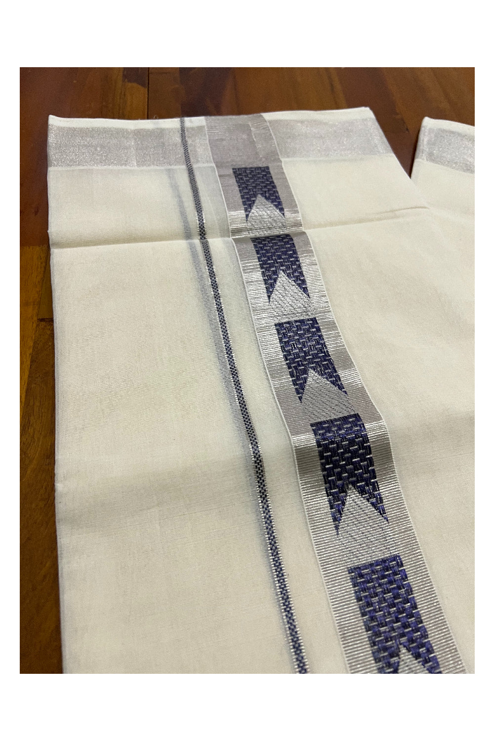 Southloom Premium Handloom Pure Cotton Wedding Mundu with Silver Kasavu and Violet Woven Kara (South Indian Dhoti)