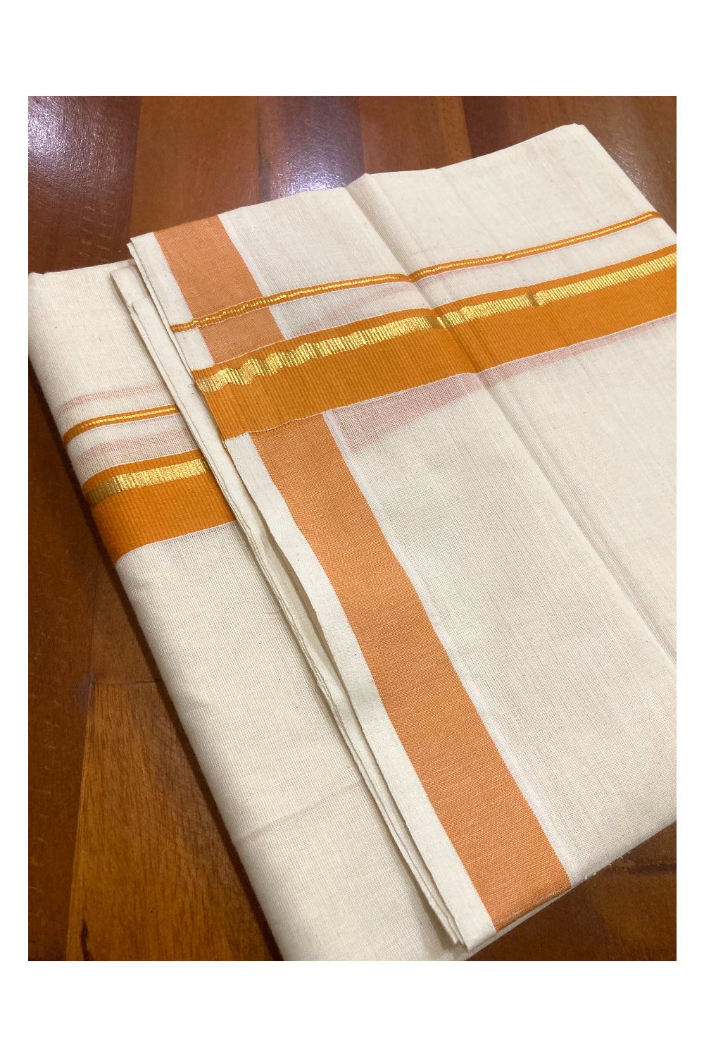 Pure Cotton Double Mundu with Orange and Kasavu Border (South Indian Dhoti)