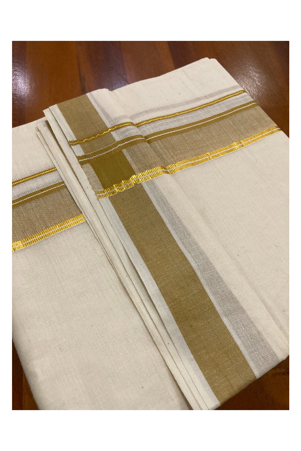 Pure Cotton Double Mundu with Light Brown and Kasavu Border (South Indian Dhoti)