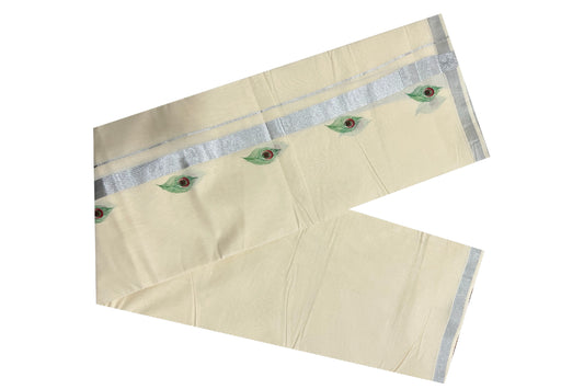 Off White Cotton Mundu with Mural Prints on Silver Kasavu Kara (South Indian Dhoti)