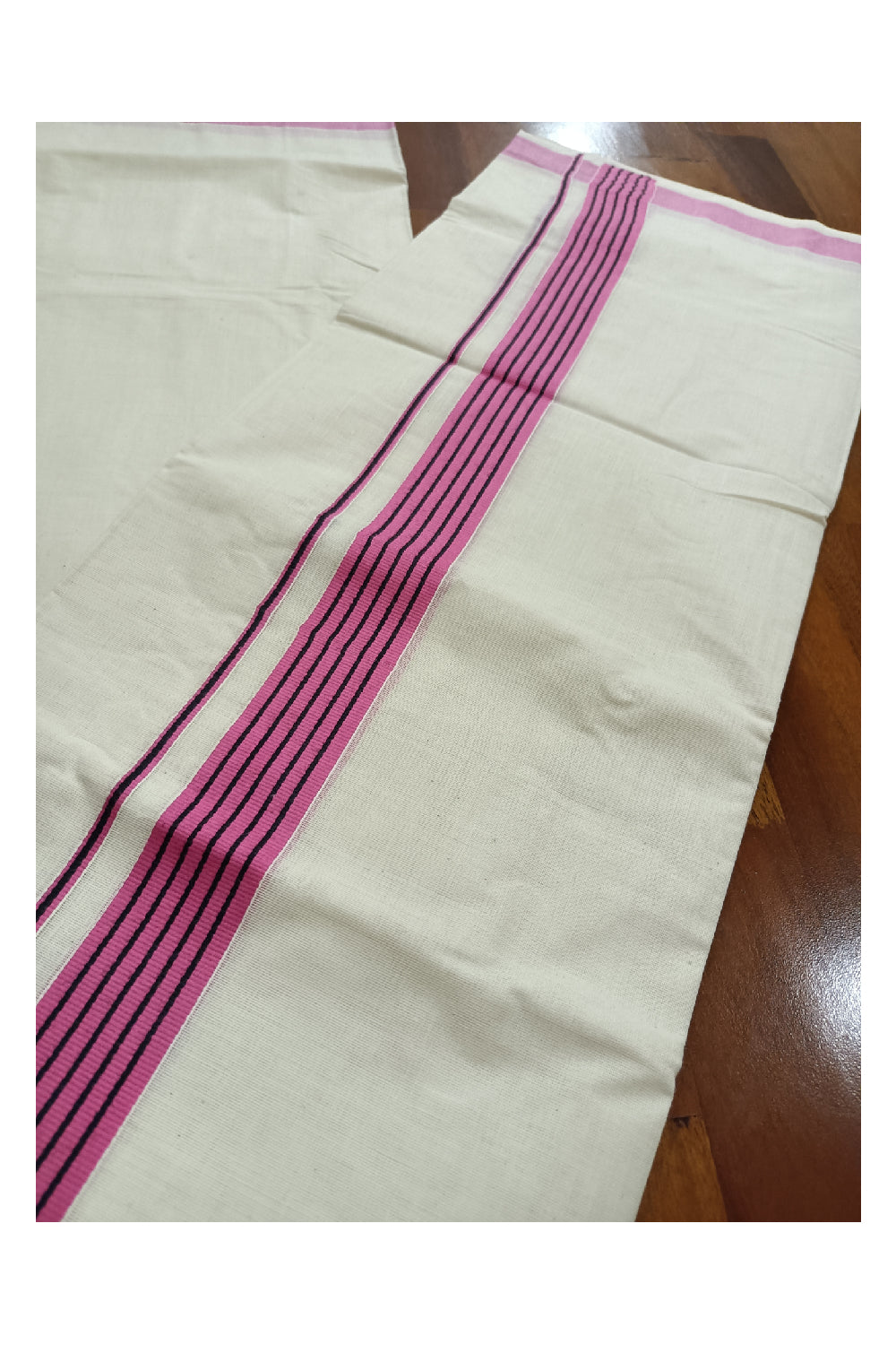 Off White Kerala Double Mundu with Black Lines on Pink Border (South Indian Dhoti)