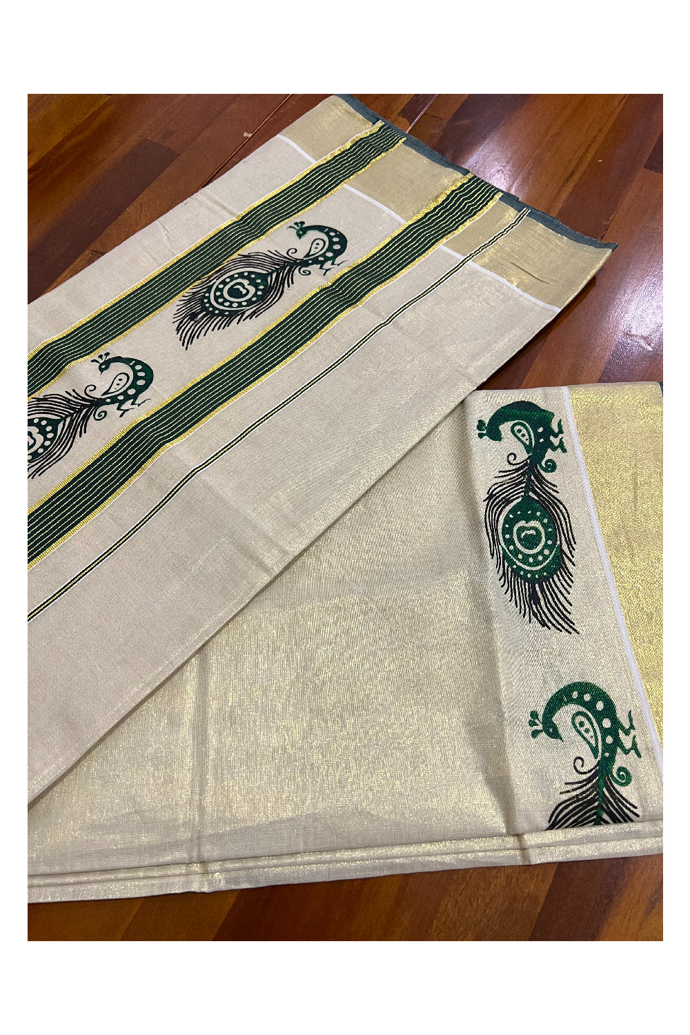 Kerala Tissue Kasavu Saree with Dark Green Peacock Block Printed Design