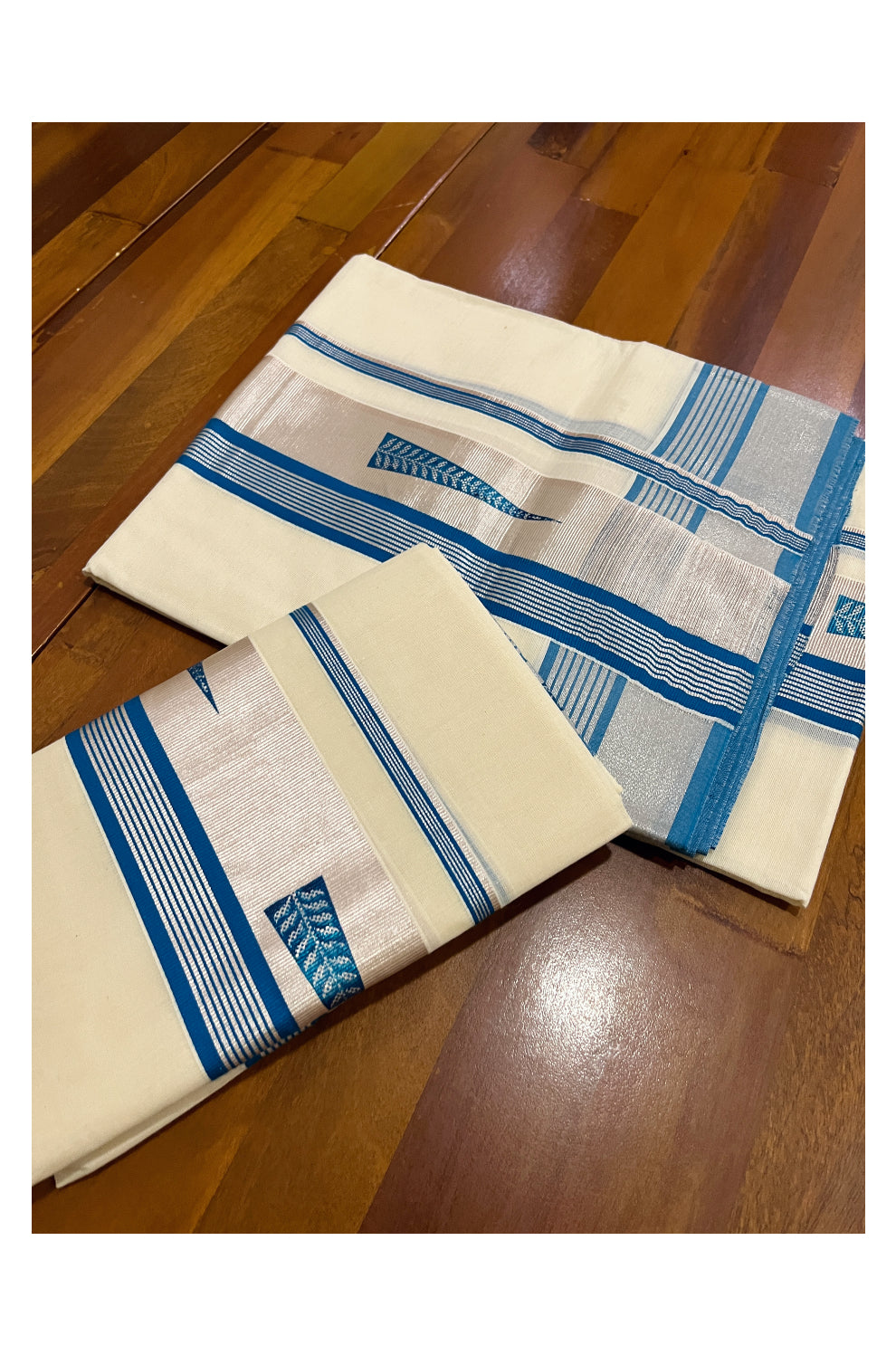 Pure Cotton SIlver Kasavu Single Set Mundu (Mundum Neriyathum Vishu 2023) with Blue Block Prints 2.80 Mtrs