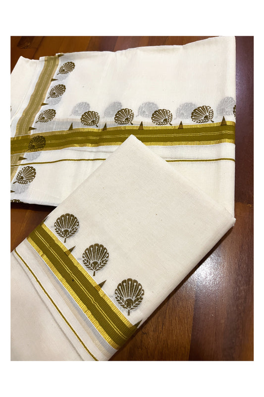 Kerala Cotton Single Kasavu Set Mundu (Mundum Neriyathum) with Brown Block Prints on Border