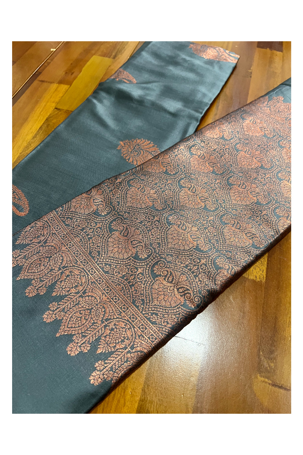 Southloom Grey Semi Silk Designer Saree with Copper Kasavu Woven Works on Body