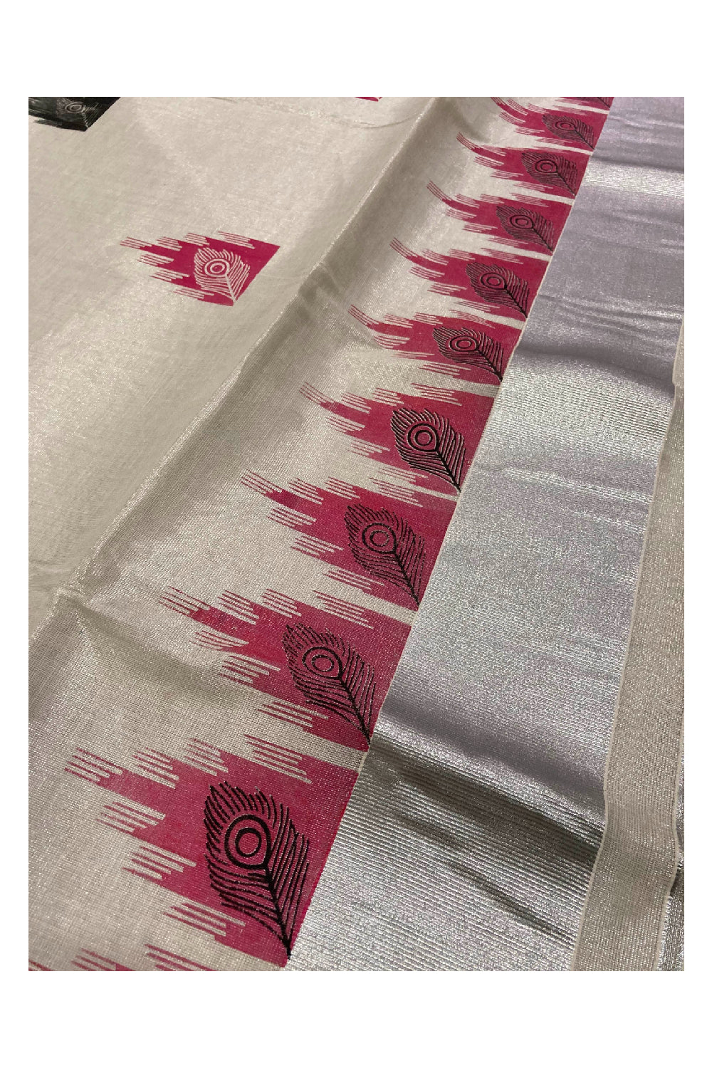 Kerala Silver Tissue Saree with Peacock Feather Mural along with Brick Red Temple Print