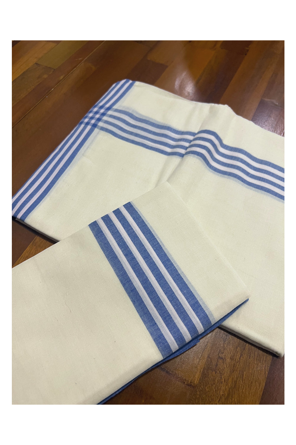 Kerala Cotton Mundum Neriyathum Single (Set Mundu) with Blue and White Mulloth Border (Extra Soft Cotton)