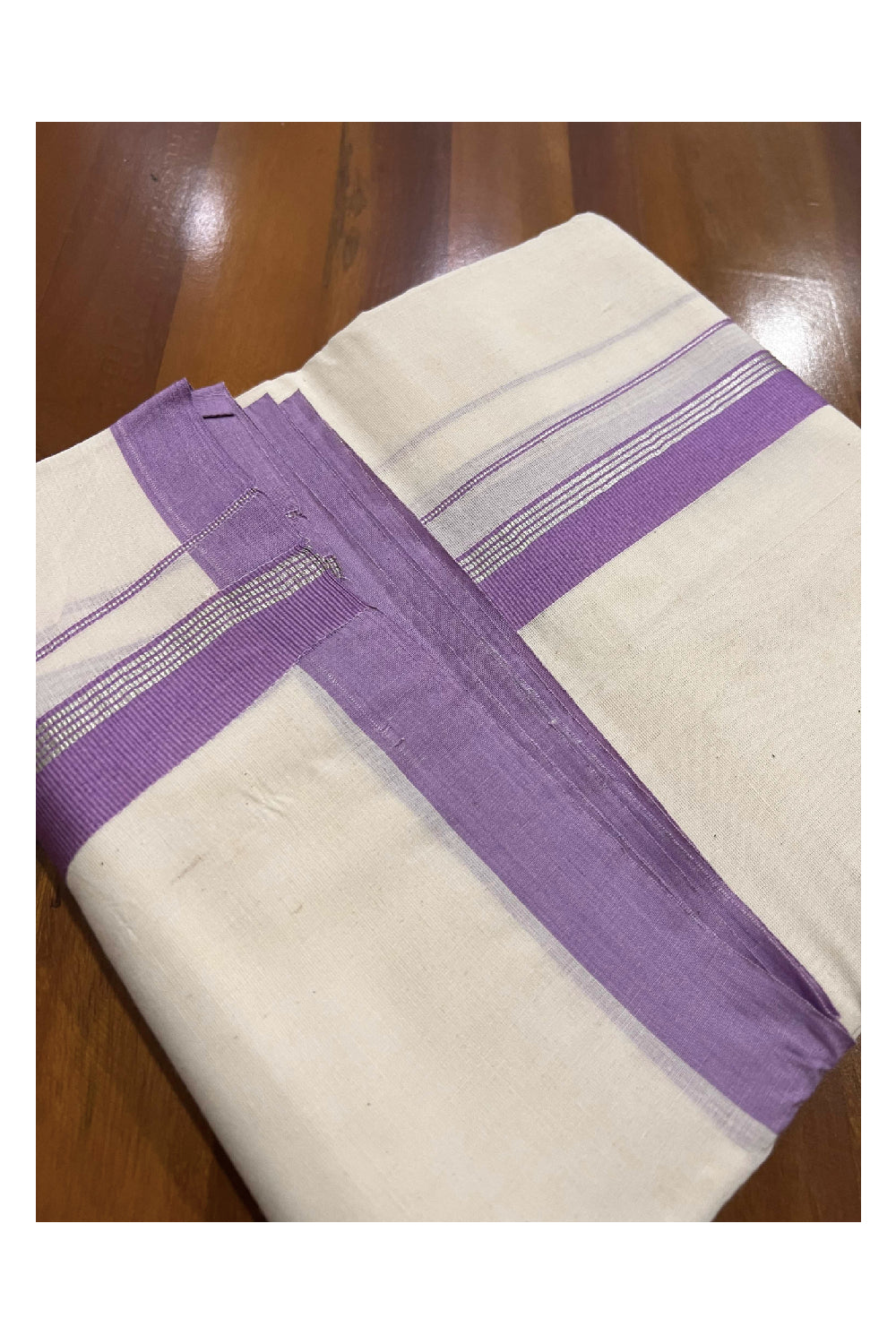 Off White Pure Cotton Double Mundu with SIlver Kasavu and Violet Kara (South Indian Dhoti)