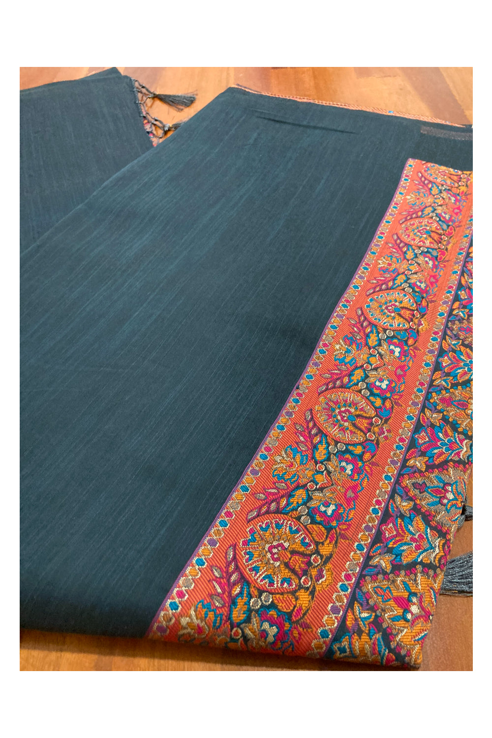 Southloom Dark Teal Blue Cotton Saree with Multicoloured Designer Pallu