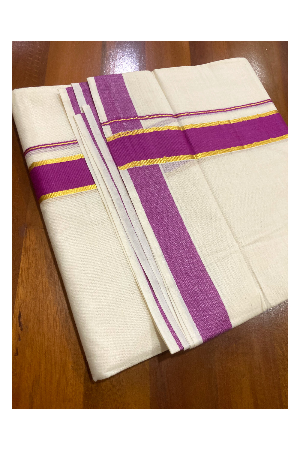 Off White Pure Cotton Double Mundu with Kasavu and Magenta Border (South Indian Kerala Dhoti)