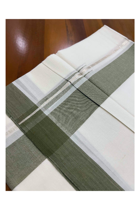 Pure White Cotton Mundu with Green and Silver Puliyilakkara Chutti Kara (South Indian Dhoti)