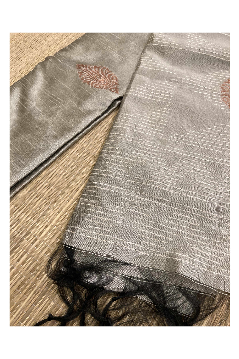 Southloom Beige Semi Tussar Thread Work Designer Saree with Tassels