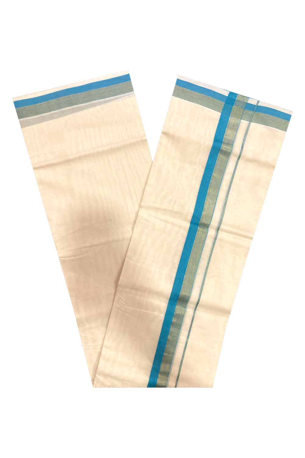 Southloom Premium Handloom Pure Cotton Mundu with Blue and Kasavu Lines Border (South Indian Dhoti)