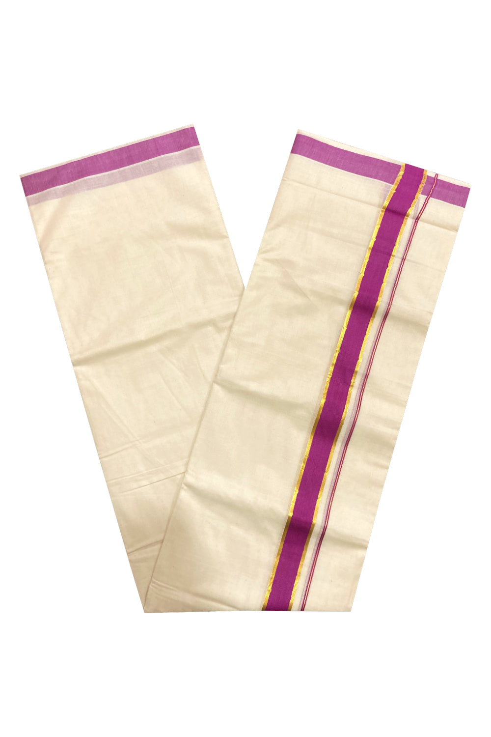 Off White Pure Cotton Double Mundu with Kasavu and Magenta Border (South Indian Kerala Dhoti)