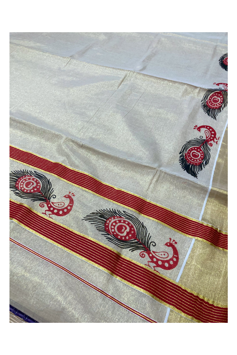 Kerala Tissue Kasavu Saree with Red and Black Peacock Block Printed Design