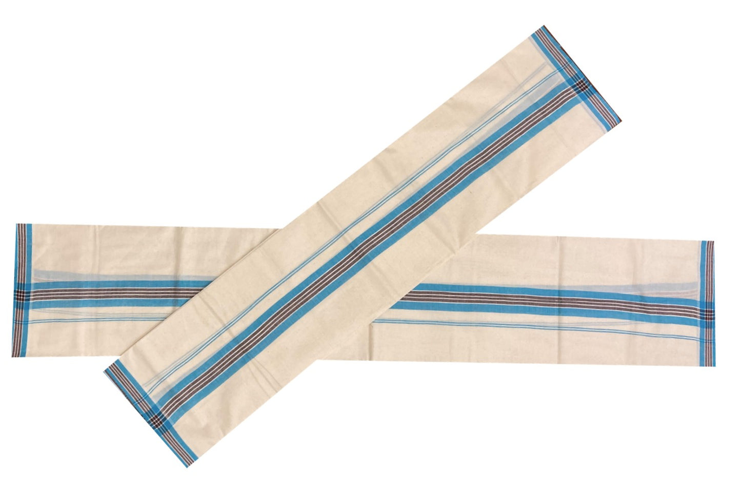 Kerala Cotton Mundum Neriyathum Single (Set Mundu) with Mulloth Design Blue and Brown Border (Extra Soft Cotton)